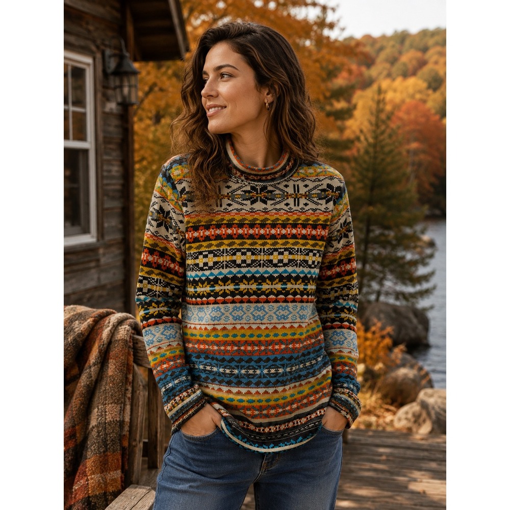 Emery Rose Fair Isle Geometric Turtleneck Top Multicolor Lightweight Sz S
